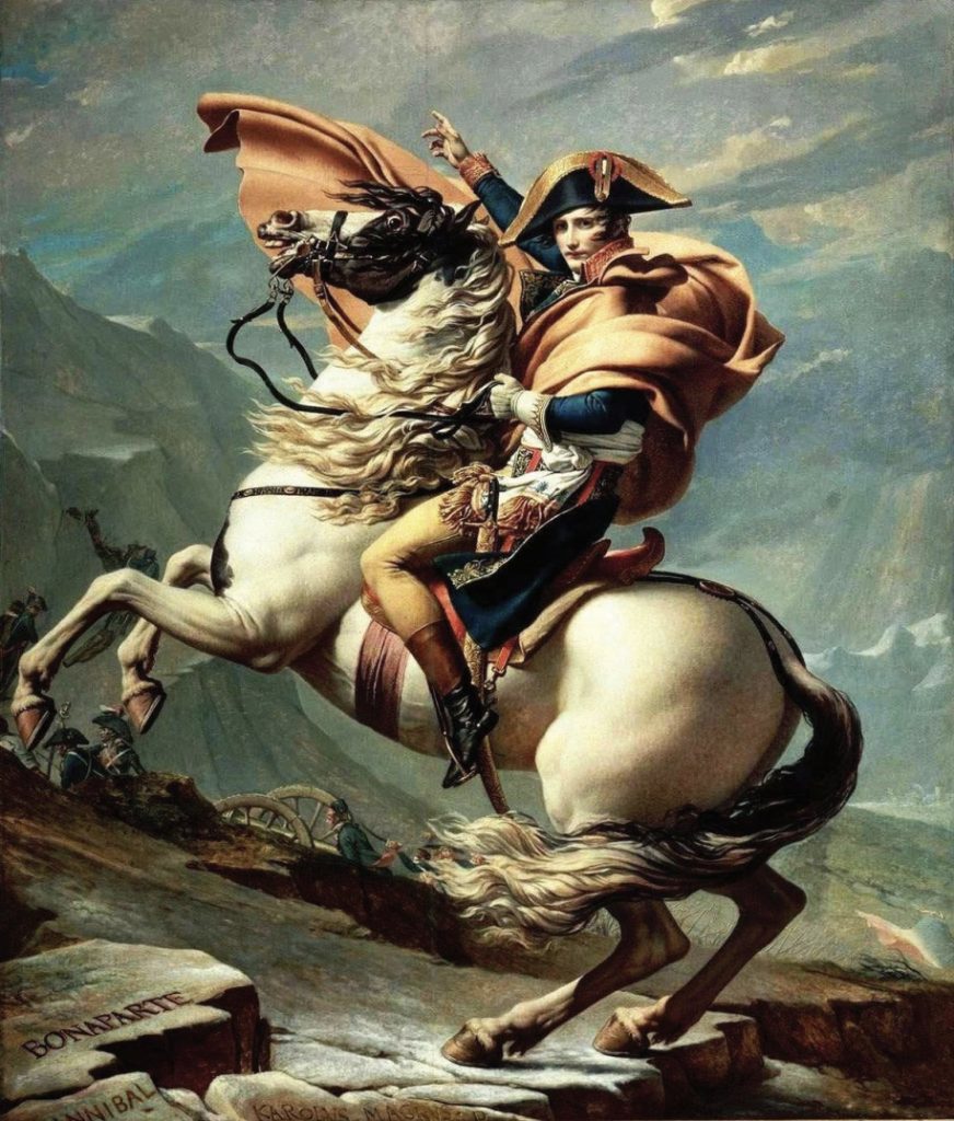 Painting of Napoleon dressed as general, on white horse, pointing toward mountains he is about to ascend.
