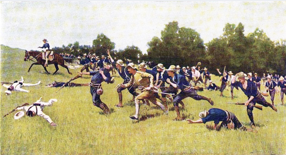 Painting of men charging across a grassy field toward battle.