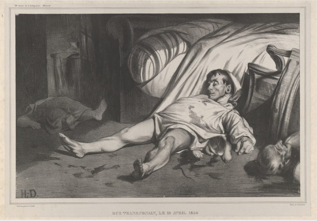 Painting of a man sprawled out on the floor against a bed wearing bedcloths, laying on top of baby.