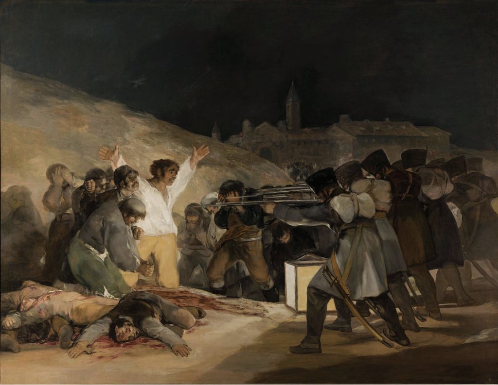 Painting of men lined up on the firing squad with guns aimed at them by soldiers.