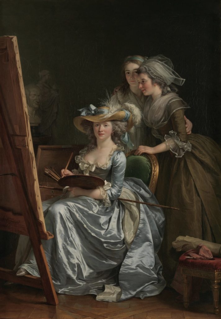 Painting of woman in 18th century dress sitting at easel with brush and palette and two women behind her peering at painting.
