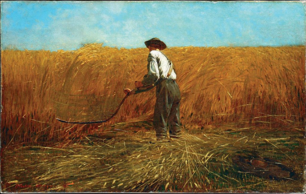 Image of painting of a man holding scythe and harvesting a crop with his back turned to viewer.