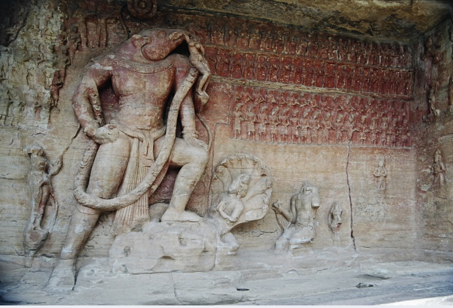 Photo of statue of Varaha, a boar-headed avatar and physical form of Hindu god Vishnu, slaying a demon.