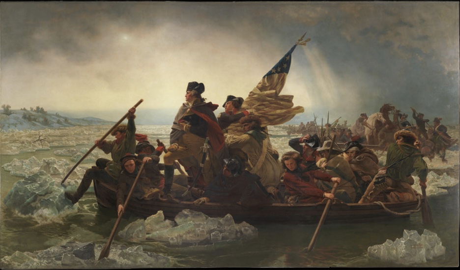 Painting of Washington, soldiers, and others crossing icy river.
