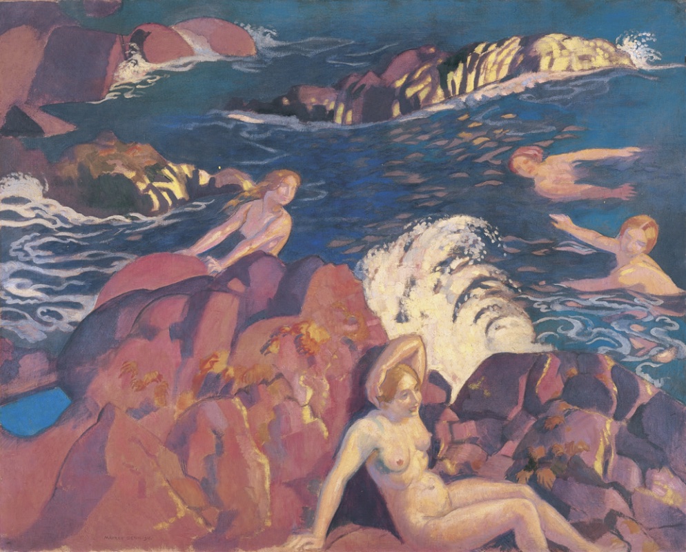 Image of painting of nude women laying along rocks along shoreline or swimming in water.