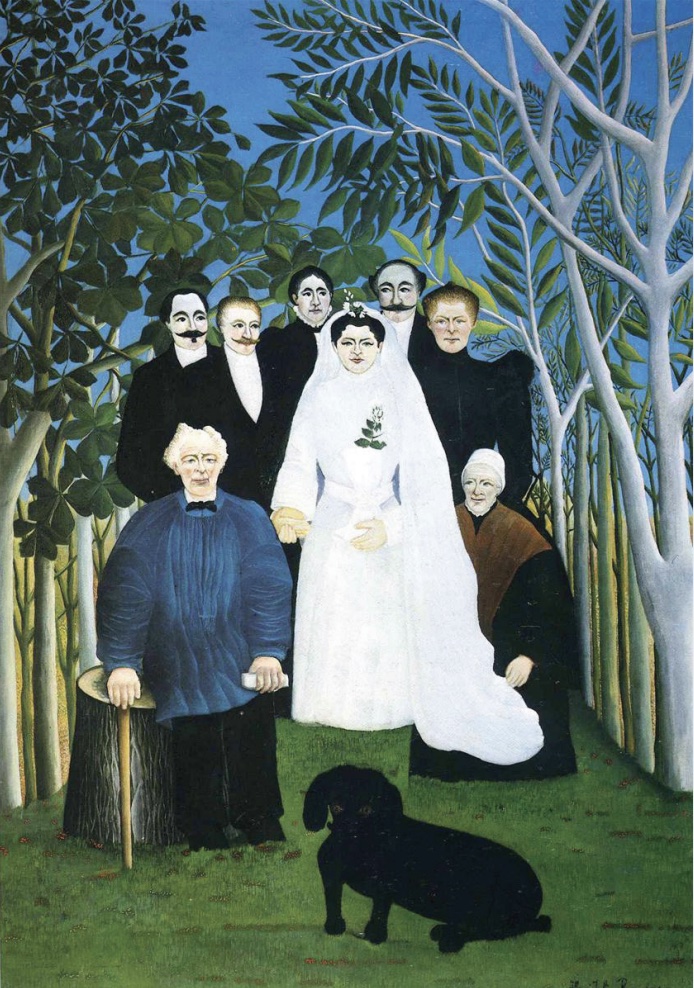 Painting of a bride with groom and male attendants behind them, priest and dog in foreground.