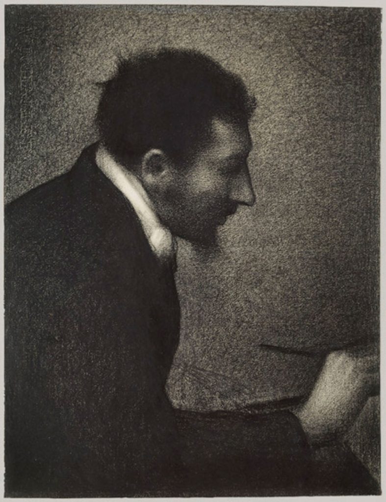 Charcoal image of man dressed in black suit leaning over painting.