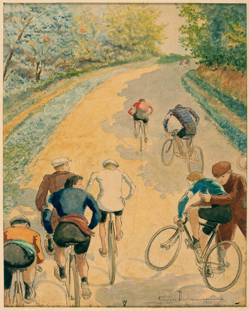 A watercolor painting of a bicycle race in the Victorian era.