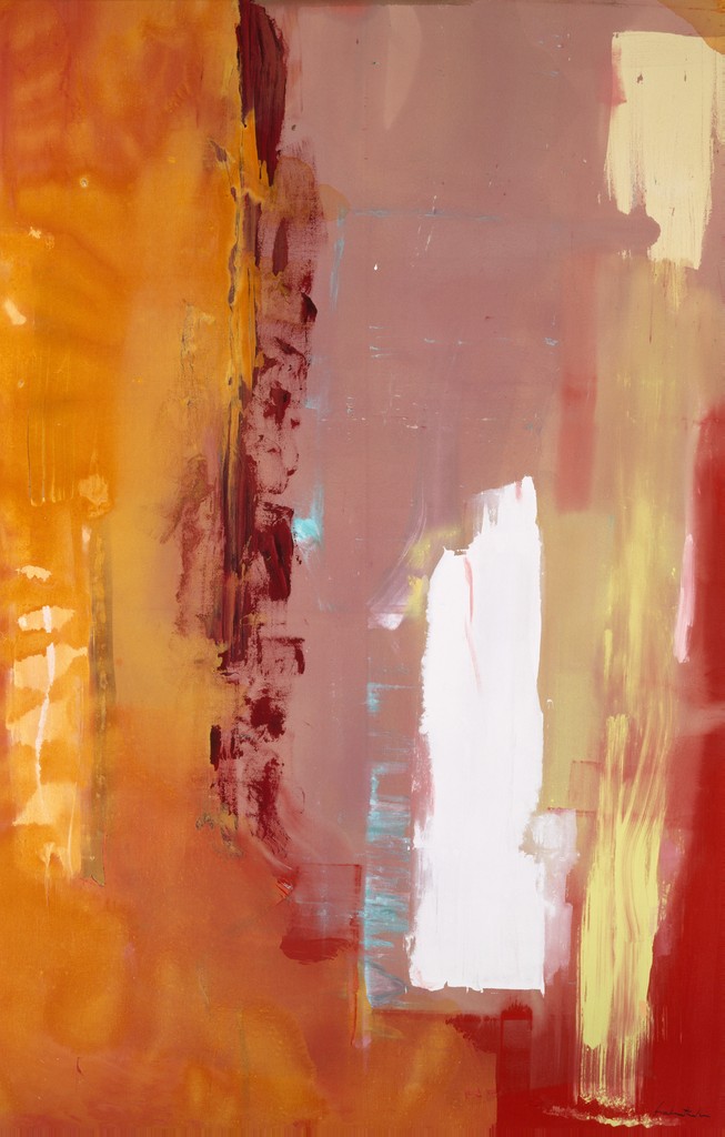 Non-representational painting in red, orange yellow and white.