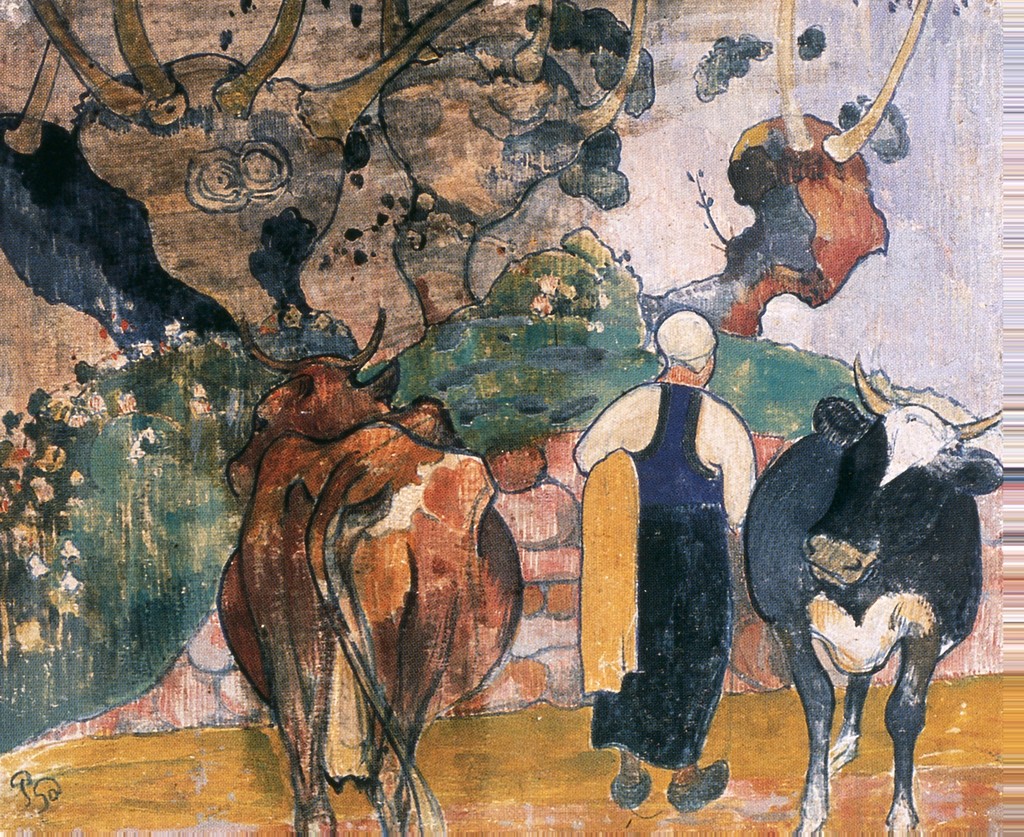 Painting of a Dutch woman in wooden shoes with a brown cow and a black and white one.