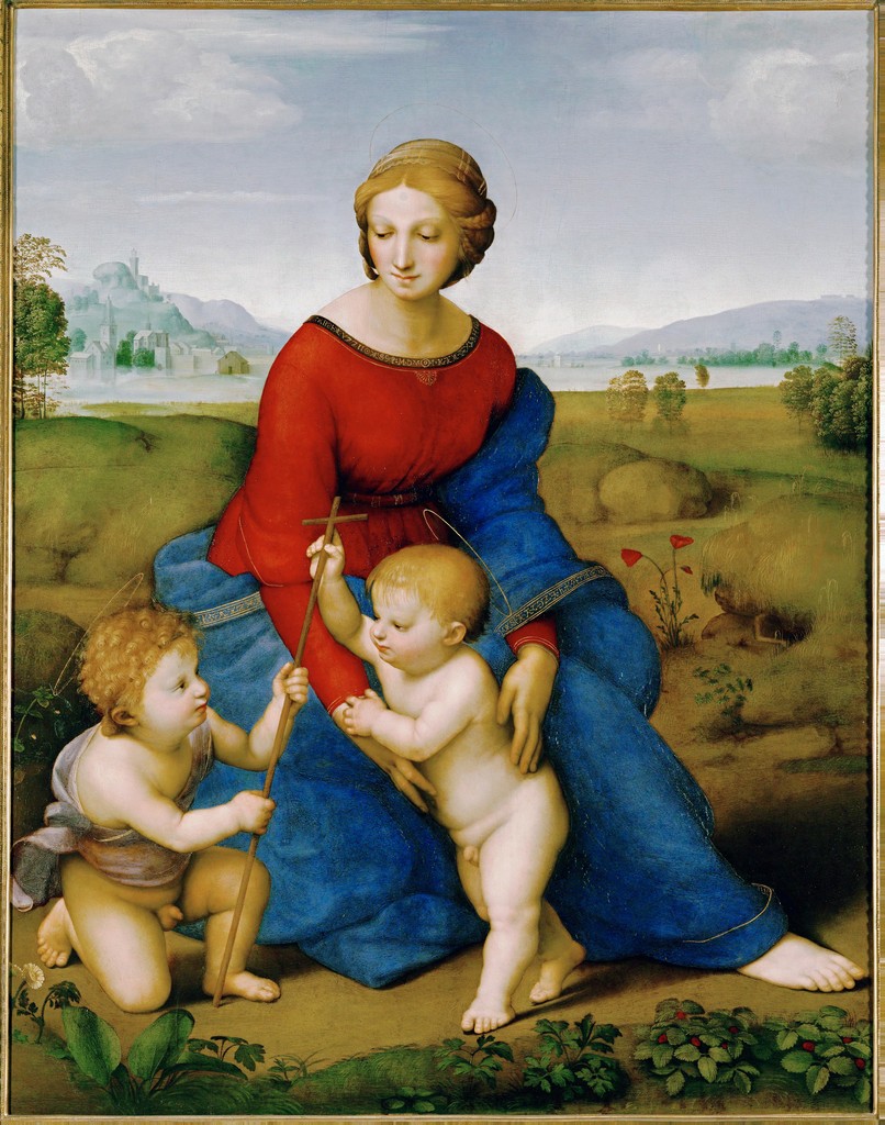 Painting of Mary with a baby Jesus playing with a baby John.
