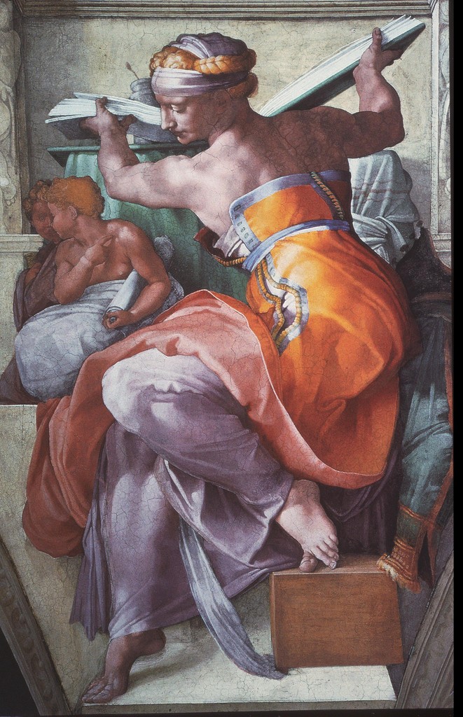 Image of the Libyan Sibyl by Michelangelo. The Libyan Sibyl from the ceiling of the Sistine chapel, sits while holding open a book. Fresco painting.