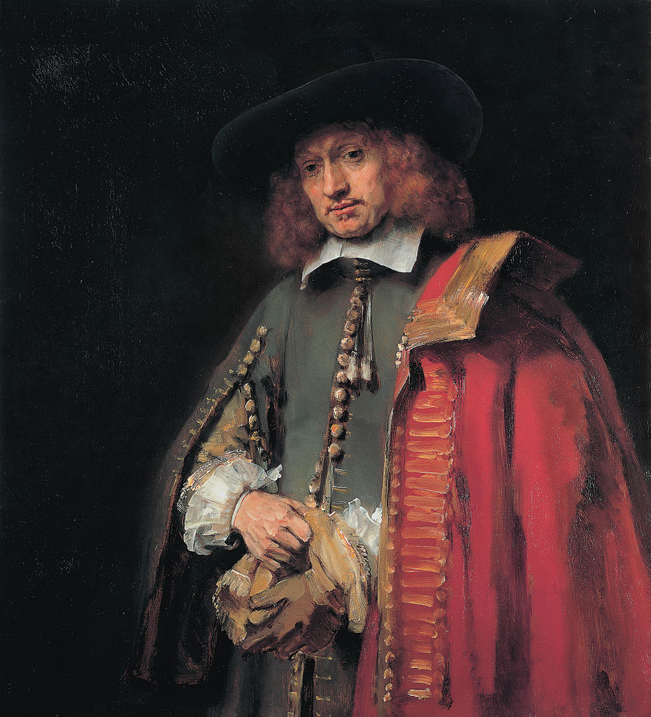 Portrait of Jan Six in a cape and hat, holding his gloves.