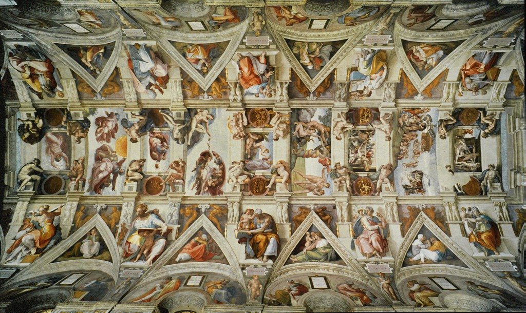 A view of the ceiling of the Sistine Chapel.