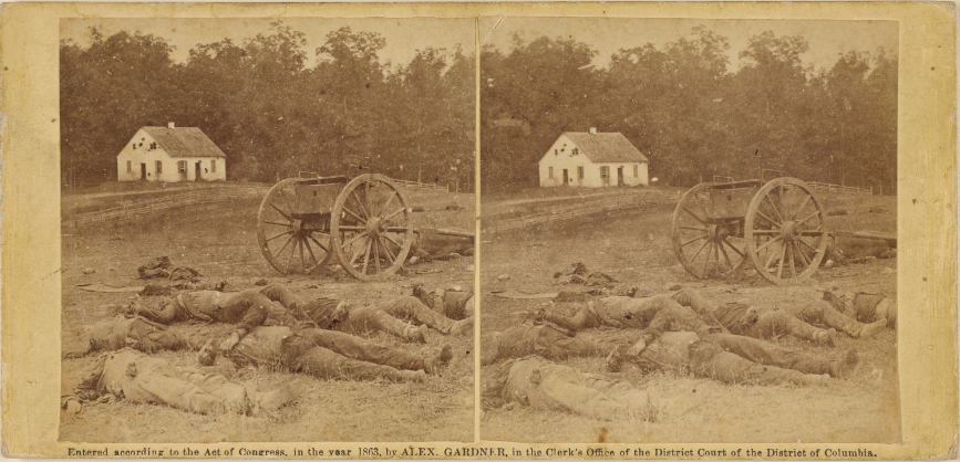 Image of Albumen print by Alexander Gardner. Shown are several dead bodies of Confederate artillerymen laid near Dunker Church (background).