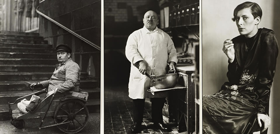 1920s-30s black and white images of a man in a wheelchair (left), a pastry chef (middle), and a young person smoking a cigarette (right).