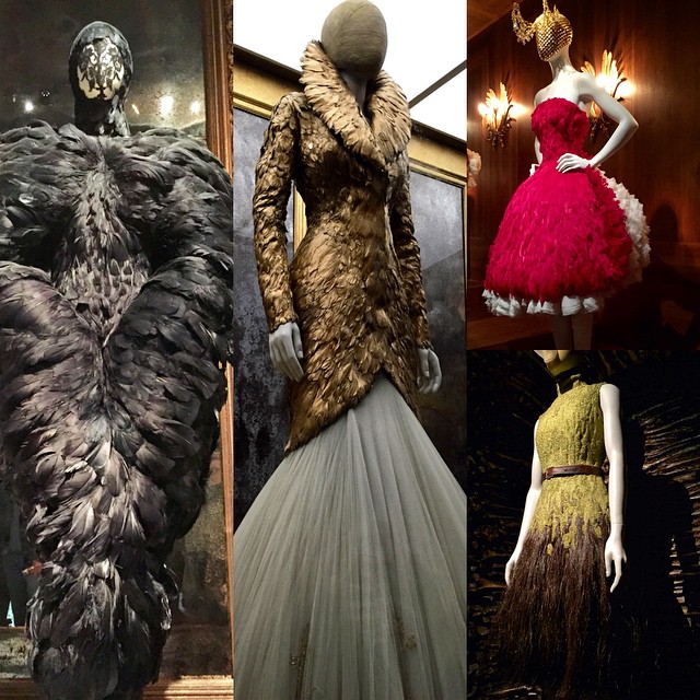 A montage of 4 feathered dresses from McQueens Savage Beauty fashion exhibit.