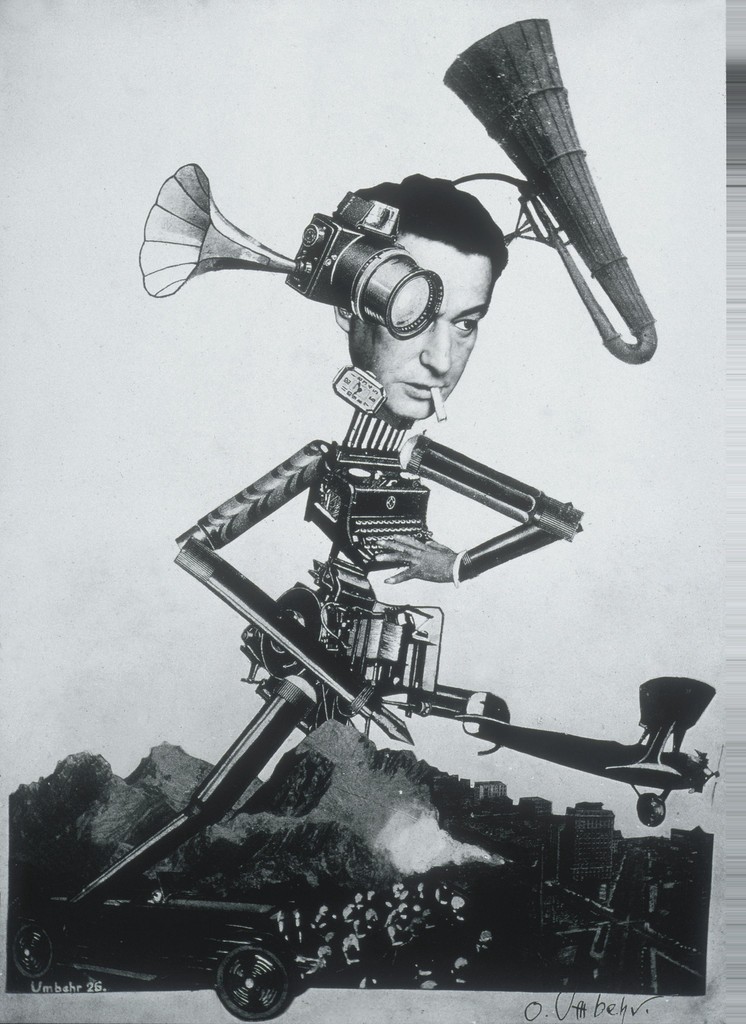 Image of The Roving Reporter by Otto Umbehr. A Photomontage of the head of a man with a cigarette. He has a camera as an eye and a phonograph speaker as an ear. A type writer is in place of his body as his arms and legs look like a robots. The Reporter is shown roving in a city.