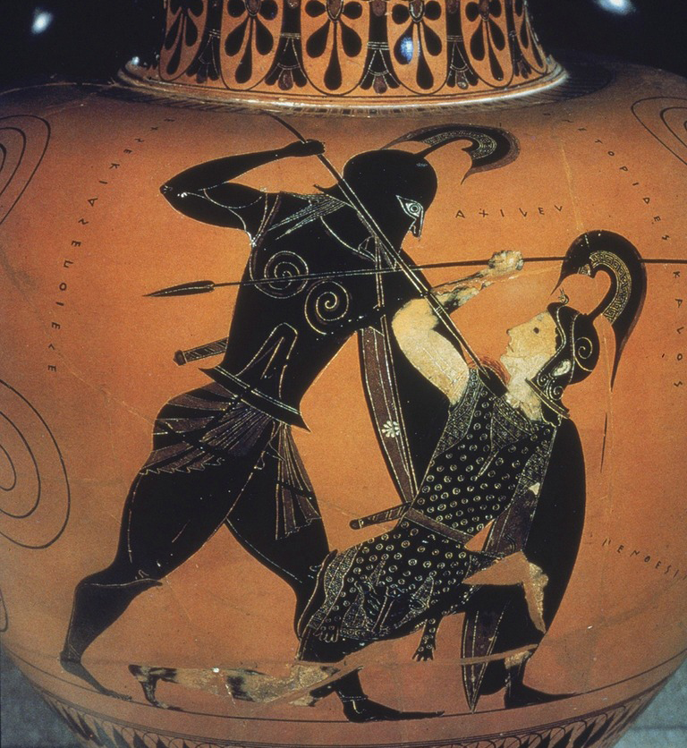 Black figured amphora (wine jar) depicting Achilles killing the Amazon Queen Penthesilea with a spear to her throat.