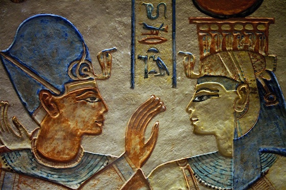 Image of painted sunk relief of the King being embraced by a goddess. From the tomb of Prince Amenherkhepshef.