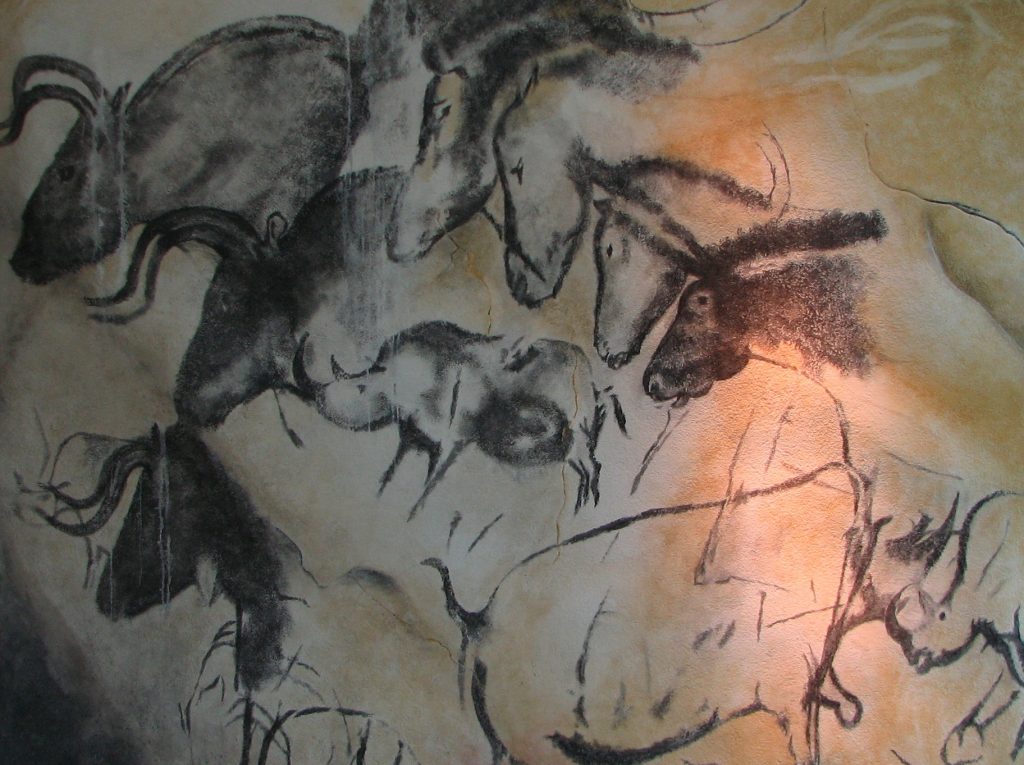 Image of Chauvet Cave prehistoric paintings, depicting various animals.