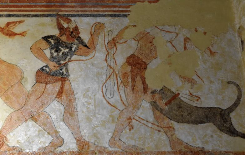 Image from the Tomb of Augurs showing fresco of Phersu and his victim being attacked by a large cat.