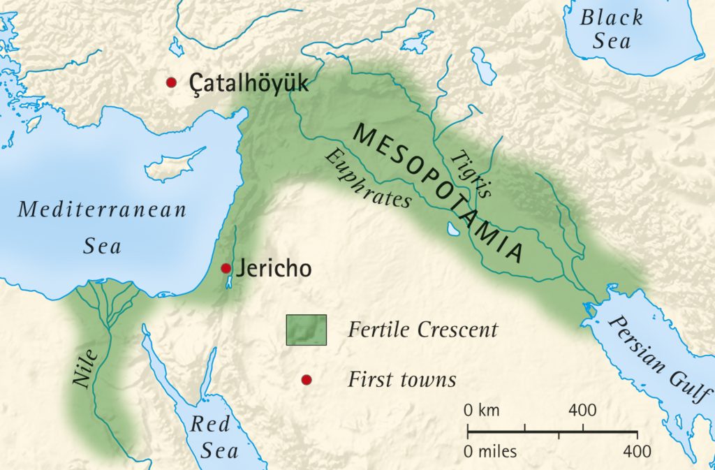 Map of Mesopotamia, showing the Mediterranean Sea, Black Sea, Red Sea, and Persian Gulf.