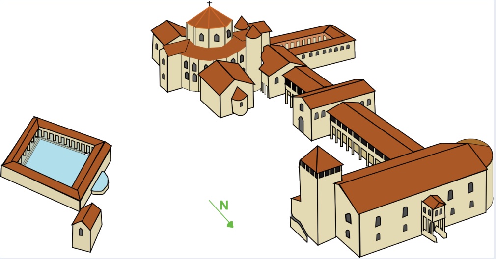 Illustration of a compound that includes a natural spa area for baths.