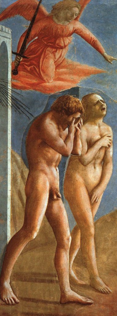 Painting of a nude male and female pair with hands covering face and breast and angel with sword behind them.