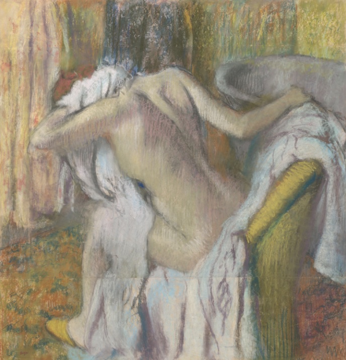 Painting of nude woman with back to viewer, sitting on stool and drying with towel.