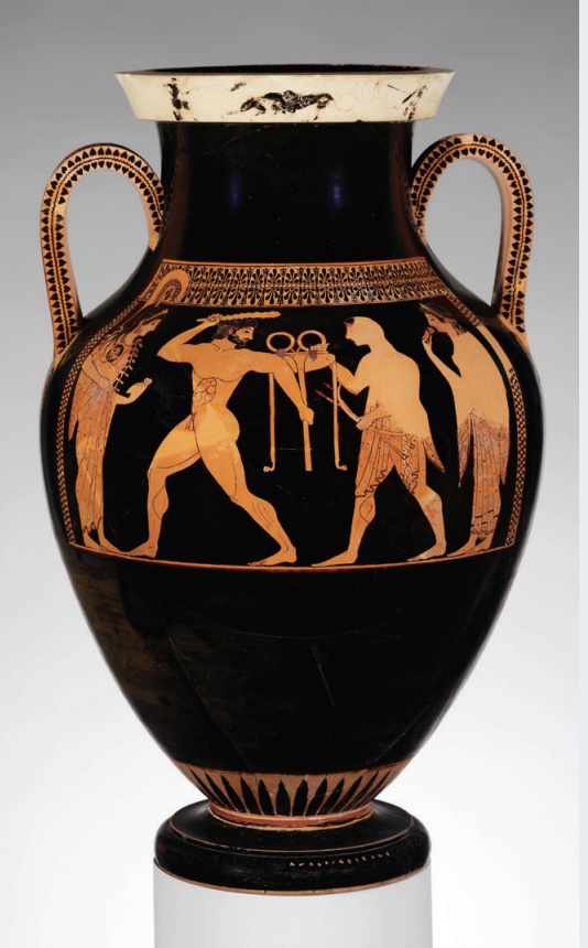 Photo of a terracotta vase with male gods and warriors from Greek mythology depicted around midsection.