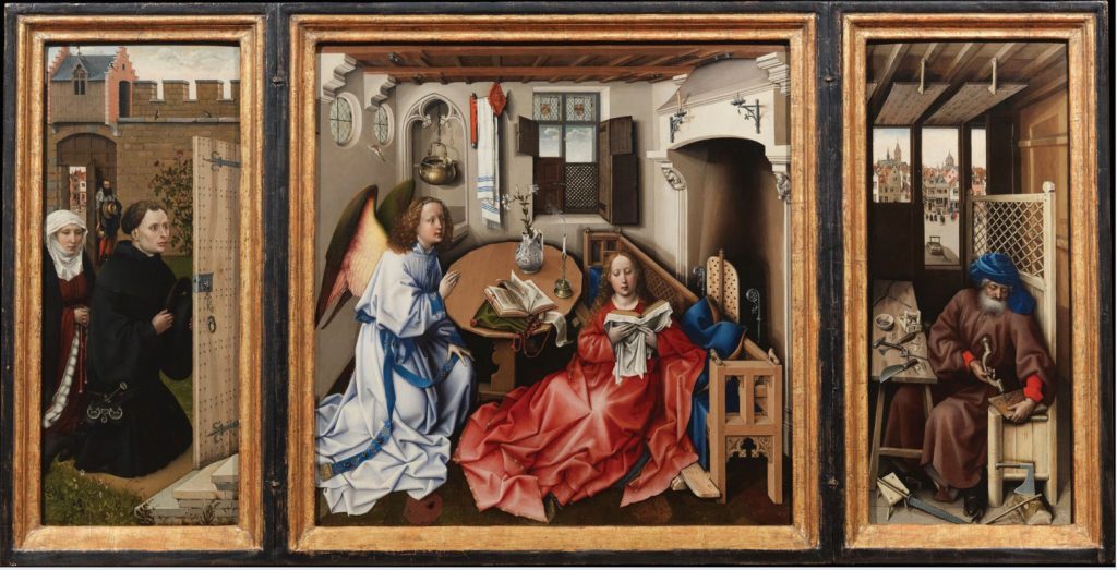 Painting depicting the annunciation to the Virgin Mary by the Angel Gabriel with onlookers at door to left and carpenter to right.