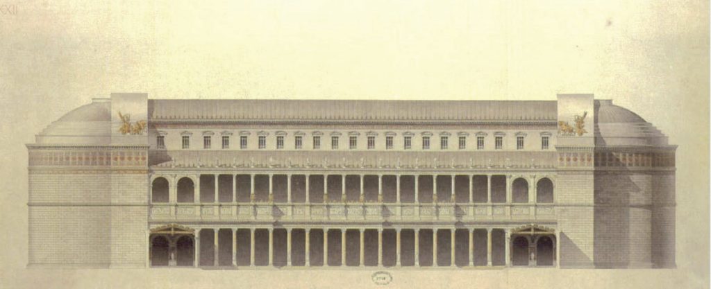 Drawing of a long building with a broad center nave and columns along front.