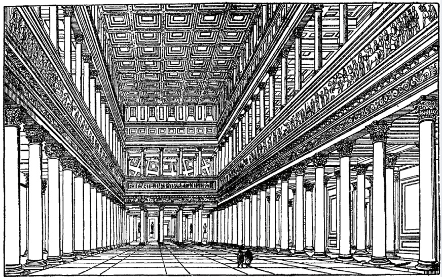 Drawing of a long building with a broad center nave and columns along each side in black and white.