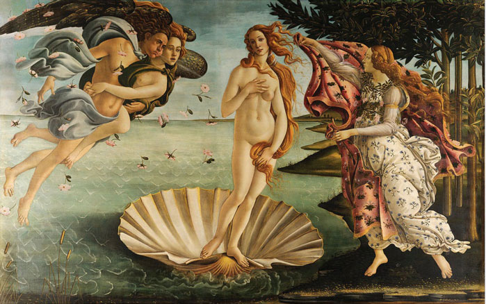 Painting of nude woman standing in large clam shell with angels surrounding her.