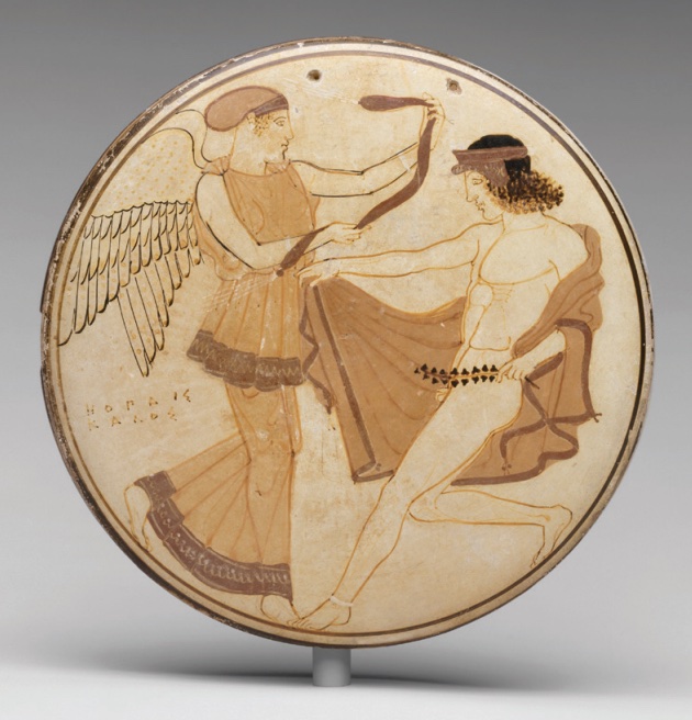 Photo of bobbin depicting scene of female winged creature awarding a band to a nude male with robe.