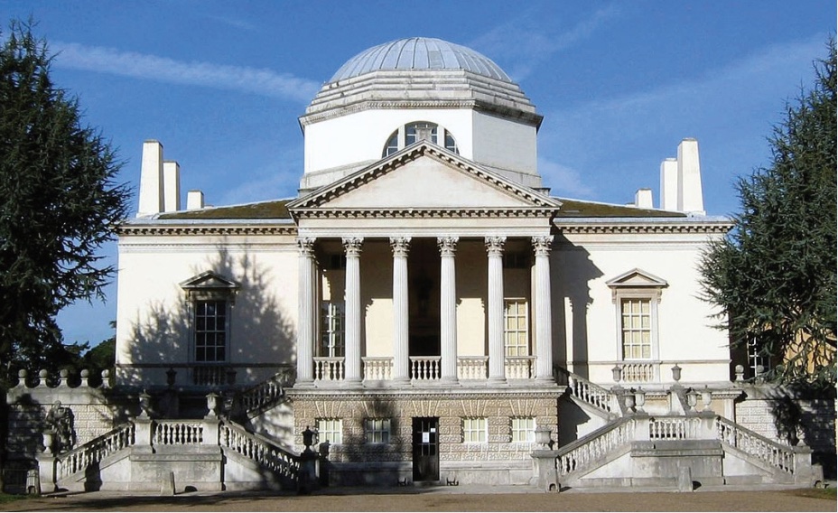 Photo of a white house of Neo-Palladian style with columns in front and dome on top.