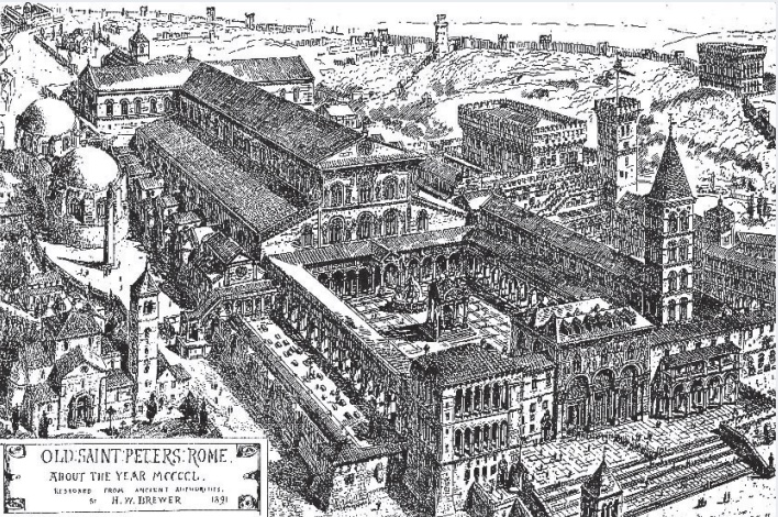 Drawing of a basilica with large atrium placed before entrance.