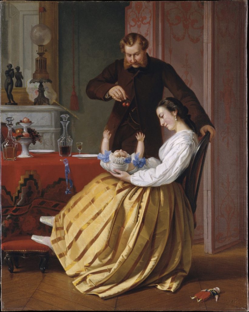 Painting of woman holding baby while man stands at her side offering baby cherries.