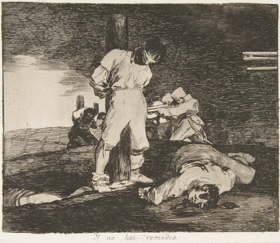 Print of a man tied to a post and blindfolded surrounded by war casualties.