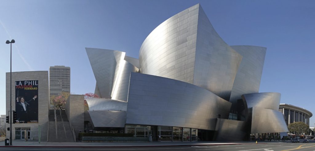 Photo of very modern building with curves and unusual geometry.