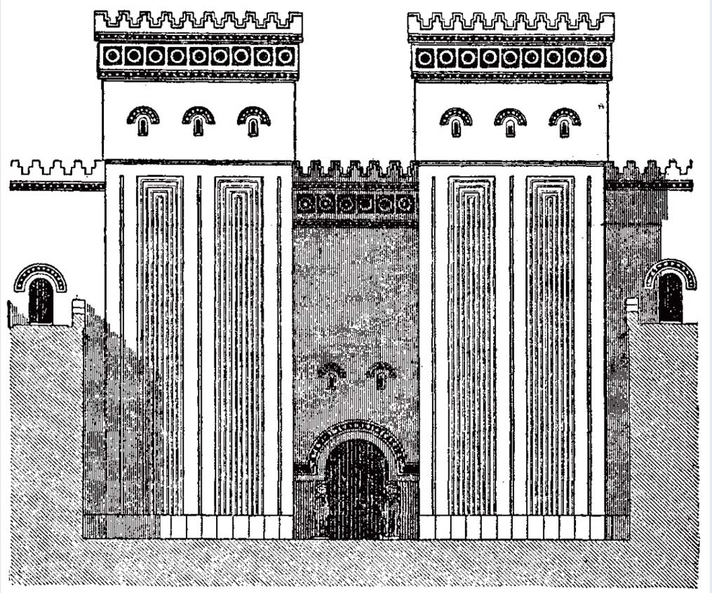 Drawing of palace facade in black and white with two tall columns next to arched entryway.