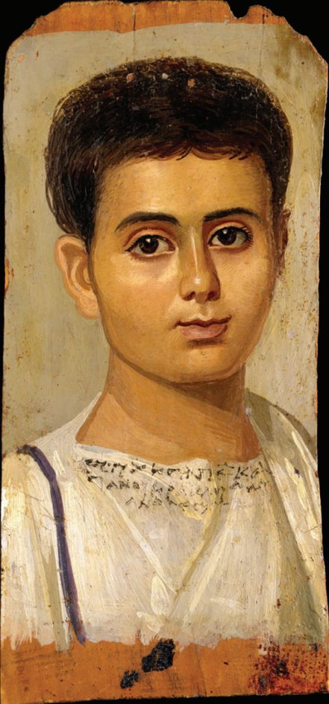 Painting of portrait of a boy wearing white robe and looking at viewer.