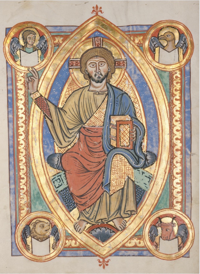 Painting depicting 4 evangelists Mark, Matthew, Luke, and John as winged lion, winged man, winged ox, and eagle, respectively.