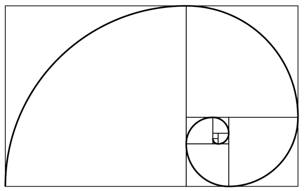 Visual representation of the golden ratio depicting curved line that spirals on left.