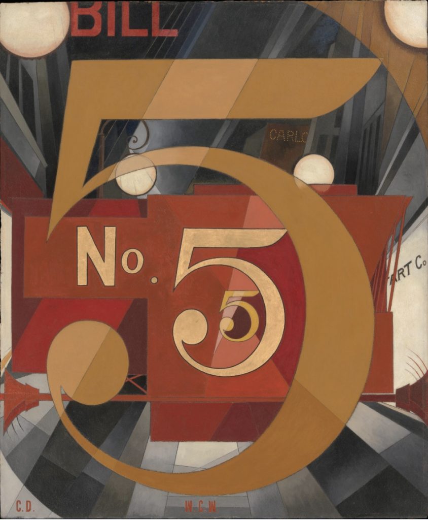 Painting of several number 5s in hues of orange and red with grey city background.