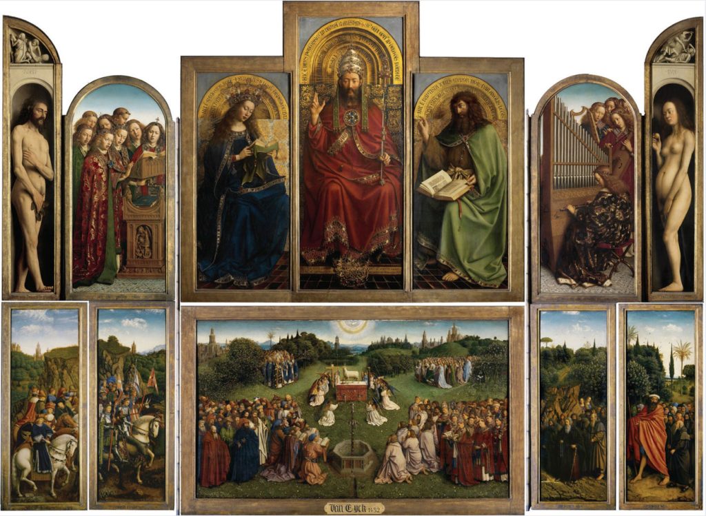 Altarpiece depicting many scenes including Christ in crown, Mary reading, John the Baptist preaching.