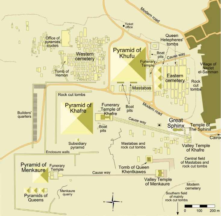 Map of the Giza complex of pyramids, sphinx, and other sites in Egypt.