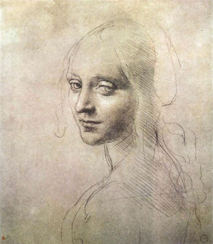 Image of metalpoint drawing of a head of a girl by da Vinci.