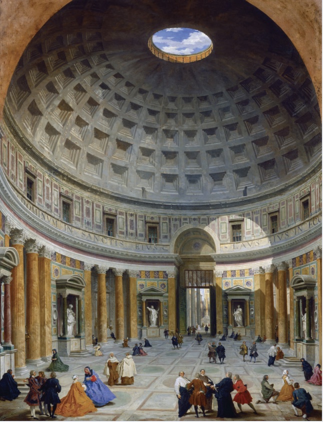 Painting of Pantheon interior with dome ceiling and people congregating inside.